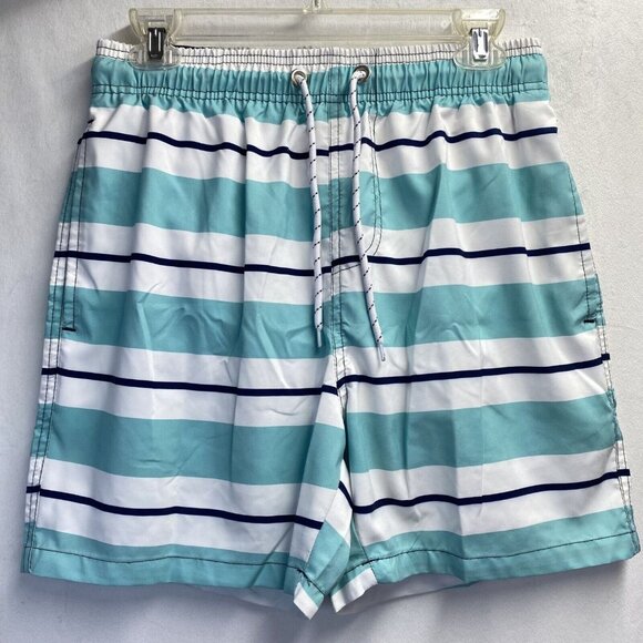 Elastic & Drawstring Waist Swimwear Shorts Men Small Green Stripes Side Pockets - Picture 1 of 11
